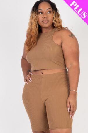 Plus Size Ribbed Cropped Tank Top And Biker Shorts Set Plus Size Ribbed Cropped Tank Top And Biker Shorts Set