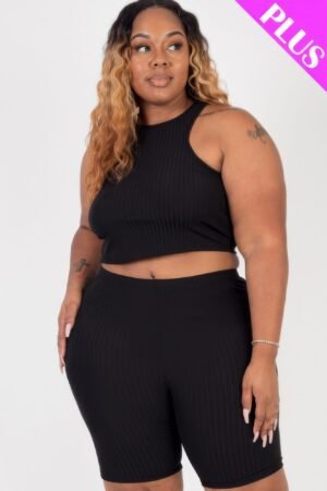 Plus Size Ribbed Cropped Tank Top And Biker Shorts Set Plus Size Ribbed Cropped Tank Top And Biker Shorts Set