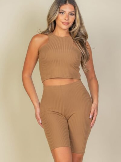 Ribbed Cropped Tank Top And Biker Shorts Set