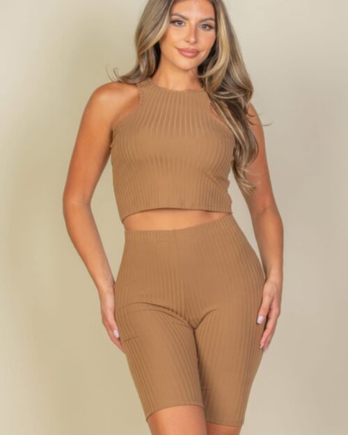 Ribbed Cropped Tank Top And Biker Shorts Set