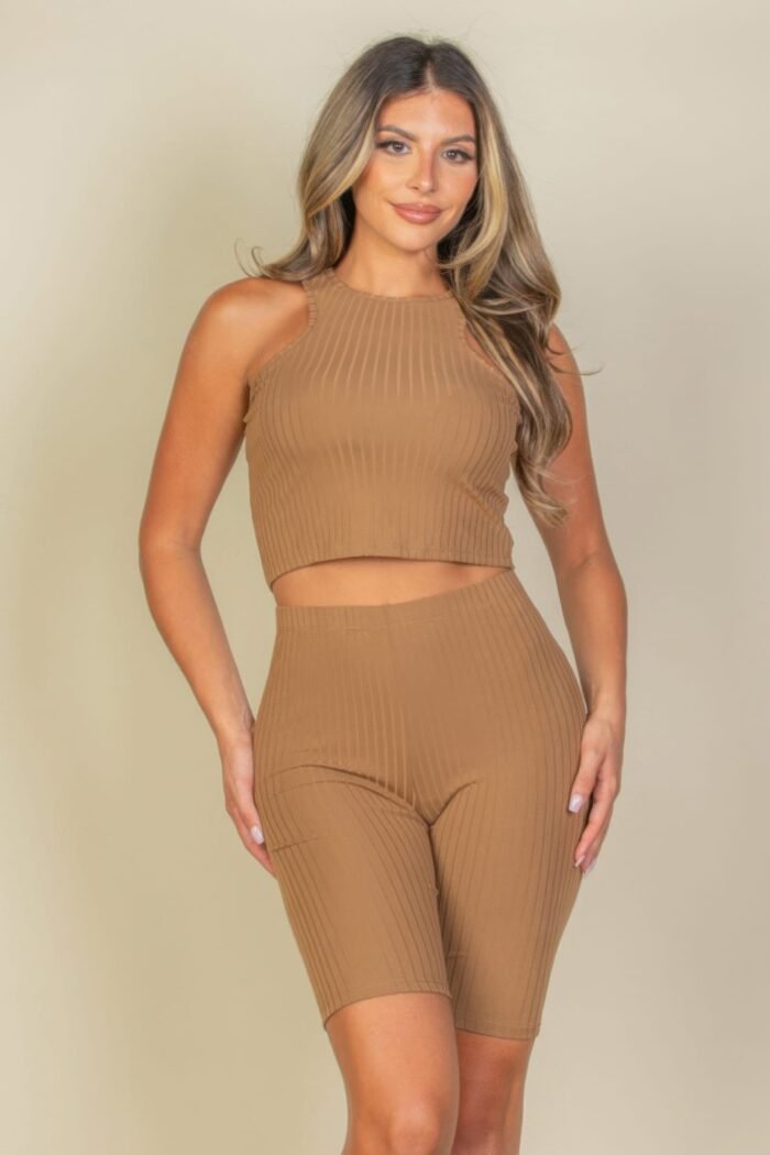 Ribbed cropped tank top and biker shorts set