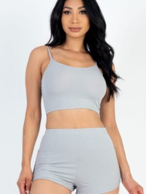 shorts set for women - ruched top ribbed cami crop