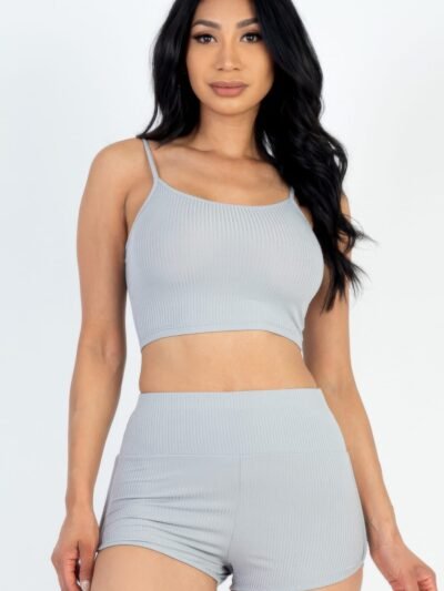 shorts set for women - ruched top ribbed cami crop