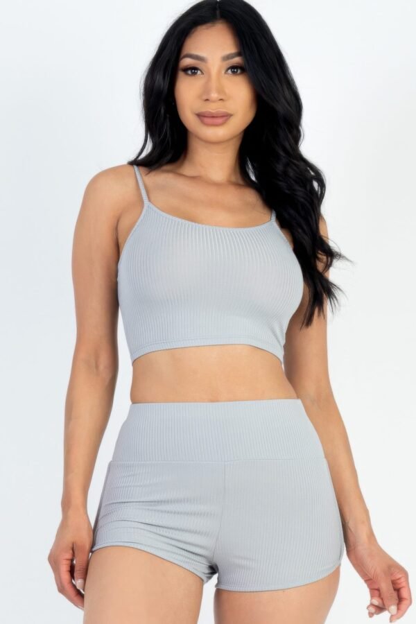 shorts set for women - ruched top ribbed cami crop