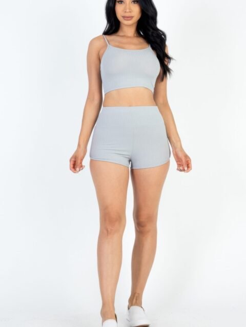 Ribbed Cami Crop Top & Ruched Shorts Set