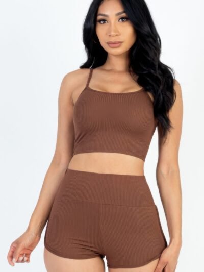 Ribbed Cami Crop Top & Ruched Shorts Set Ribbed Cami Crop Top & Ruched Shorts Set