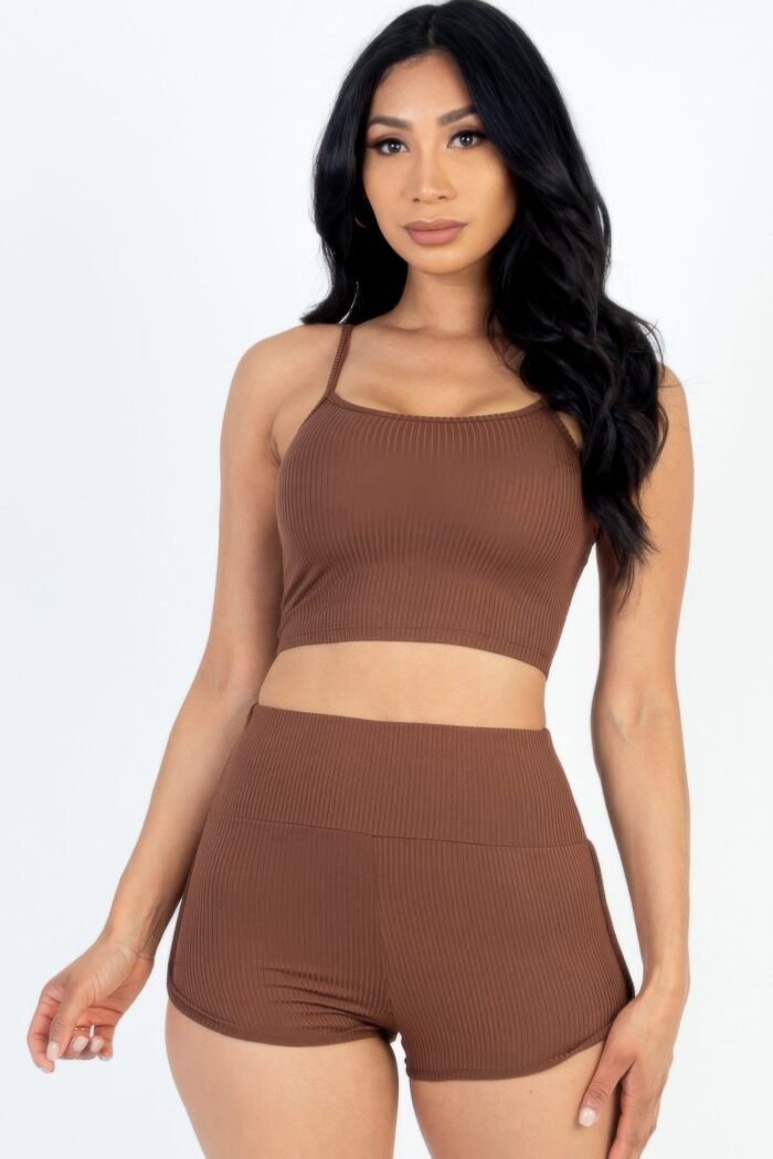 Ribbed cami crop top & ruched shorts set