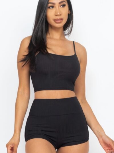 Ribbed Cami Crop Top & Ruched Shorts Set Ribbed Cami Crop Top & Ruched Shorts Set