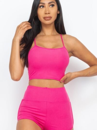 Ribbed Cami Crop Top & Ruched Shorts Set Ribbed Cami Crop Top & Ruched Shorts Set