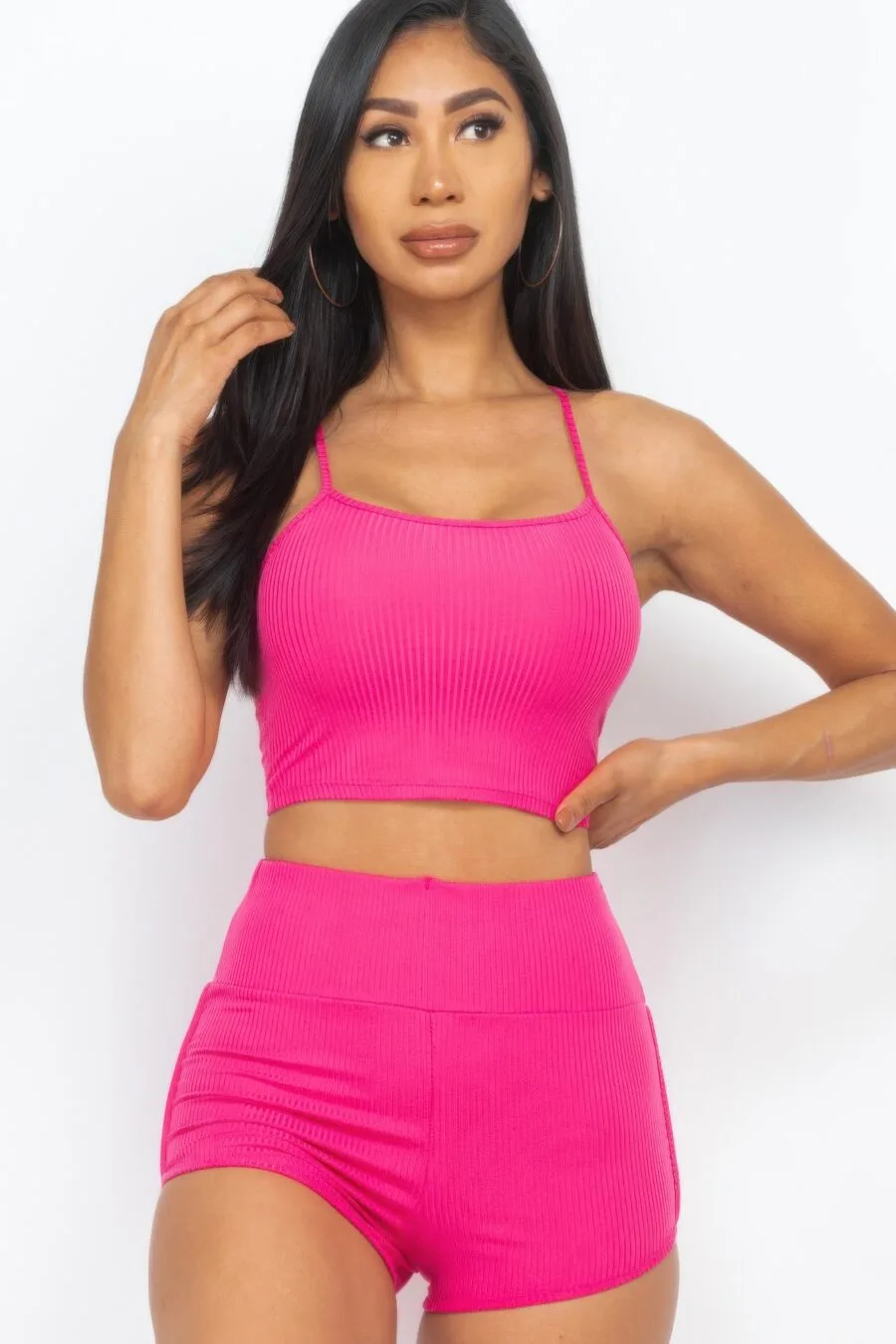 Ribbed cami crop top & ruched shorts set