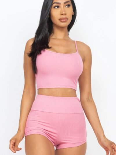 Ribbed Cami Crop Top & Ruched Shorts Set Ribbed Cami Crop Top & Ruched Shorts Set