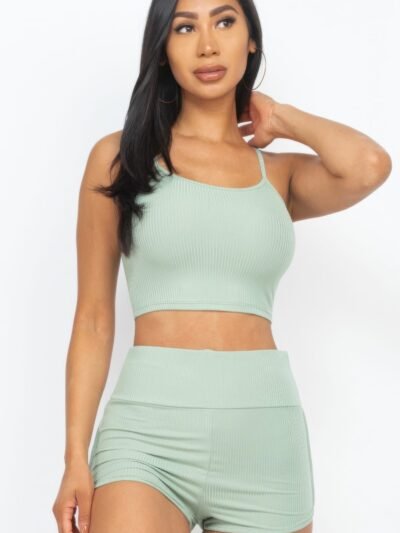 Ribbed Cami Crop Top & Ruched Shorts Set Ribbed Cami Crop Top & Ruched Shorts Set