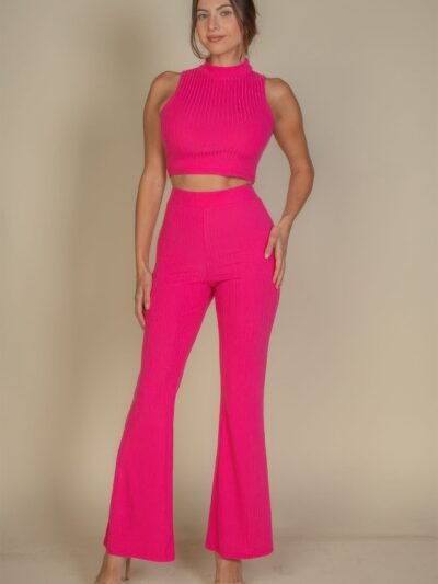 Ribbed Mock Neck Crop Tank Top & Bootcut Pants Set