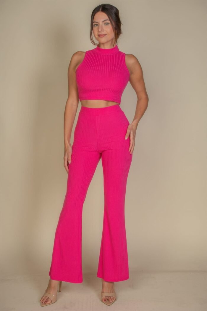 Ribbed mock neck crop tank top & bootcut pants set