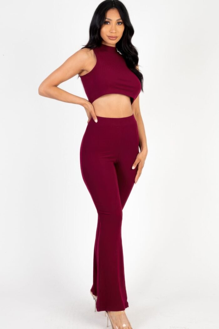 Ribbed mock neck crop tank top & bootcut pants set