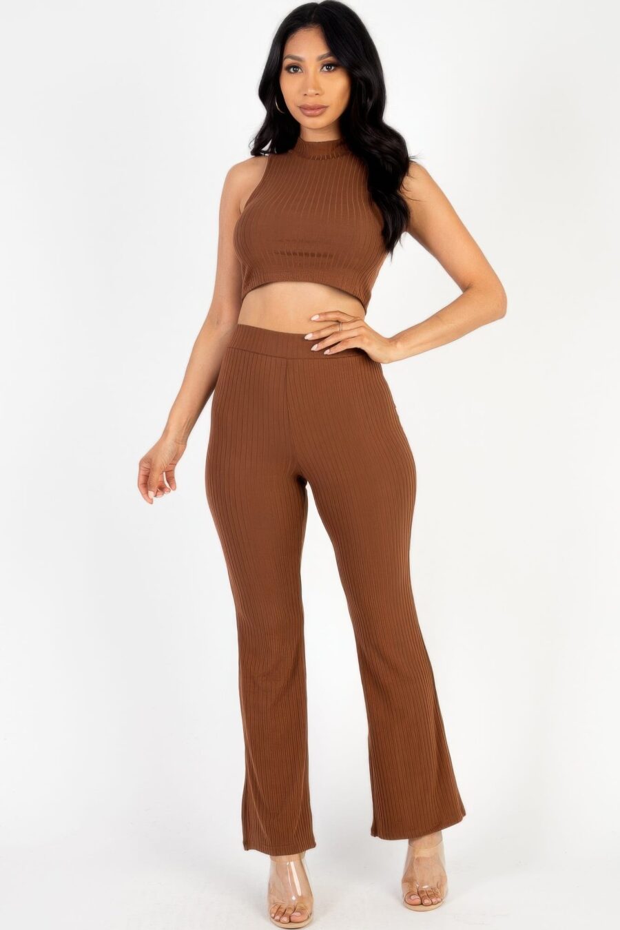 Ribbed mock neck crop tank top & bootcut pants set