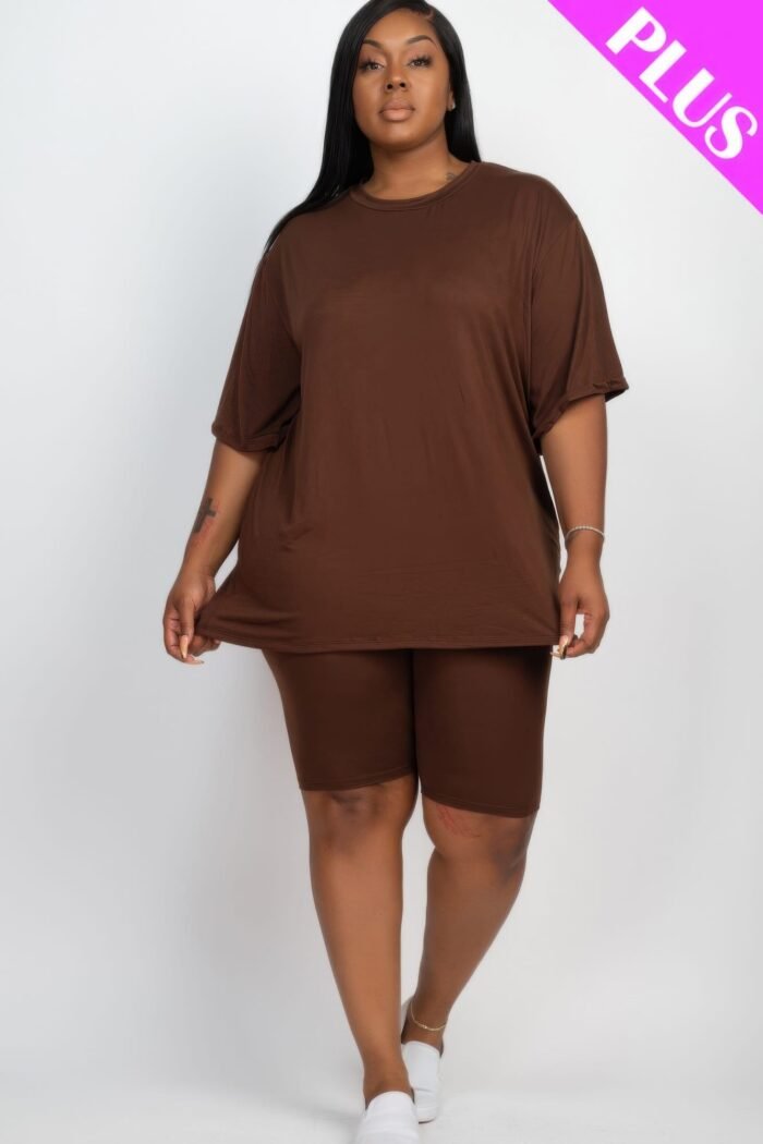 Plus size loose fit top & biker shorts set