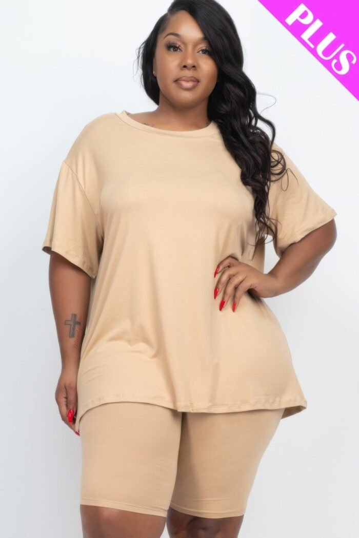 Plus size loose fit top & biker shorts set