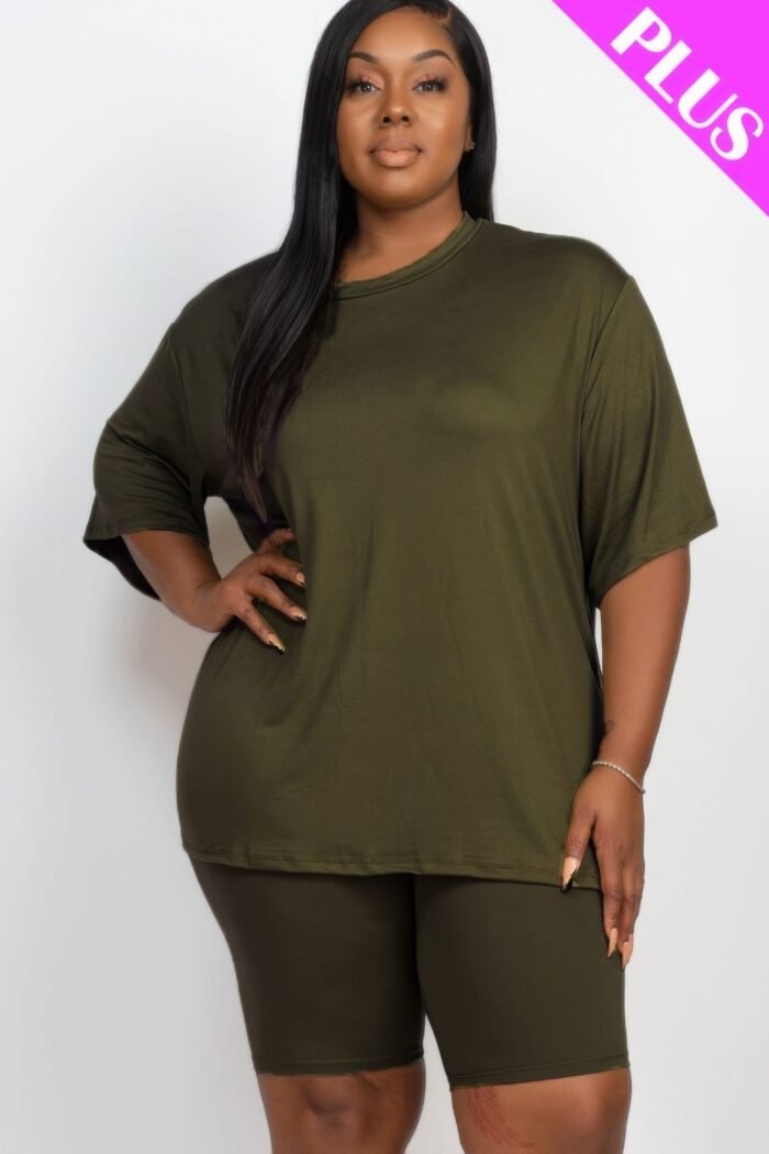 Plus size loose fit top & biker shorts set