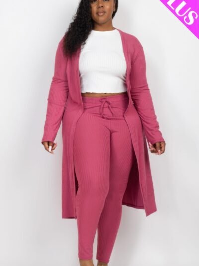 Plus Size Ribbed Long Cardigan & Leggings Set