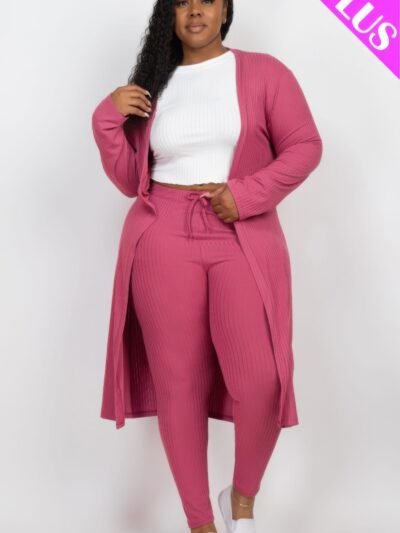 Plus Size Ribbed Long Cardigan & Leggings Set Plus Size Ribbed Long Cardigan & Leggings Set