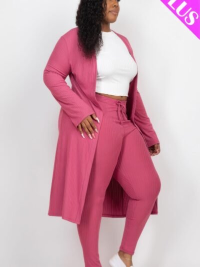 Plus Size Ribbed Long Cardigan & Leggings Set Plus Size Ribbed Long Cardigan & Leggings Set