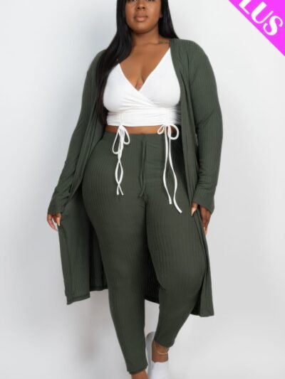 Plus Size Ribbed Long Cardigan & Leggings Set Plus Size Ribbed Long Cardigan & Leggings Set