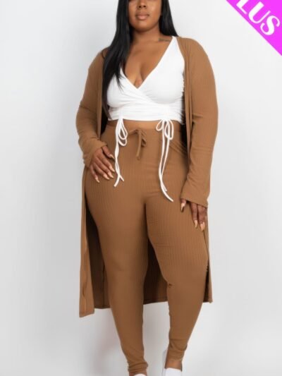 Plus Size Ribbed Long Cardigan & Leggings Set Plus Size Ribbed Long Cardigan & Leggings Set