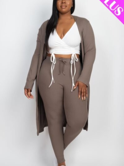 Plus Size Ribbed Long Cardigan & Leggings Set Plus Size Ribbed Long Cardigan & Leggings Set