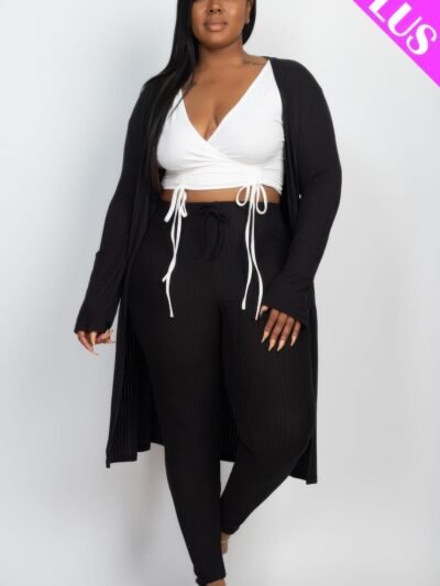 Plus Size Ribbed Long Cardigan & Leggings Set Plus Size Ribbed Long Cardigan & Leggings Set