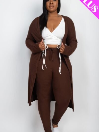 Plus Size Ribbed Long Cardigan & Leggings Set Plus Size Ribbed Long Cardigan & Leggings Set