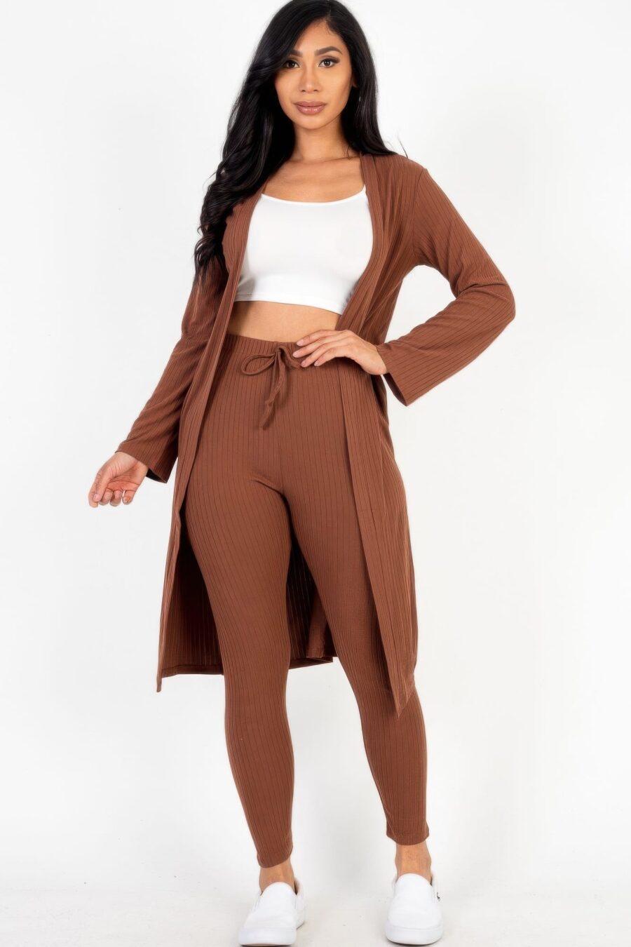 Ribbed long cardigan & leggings set