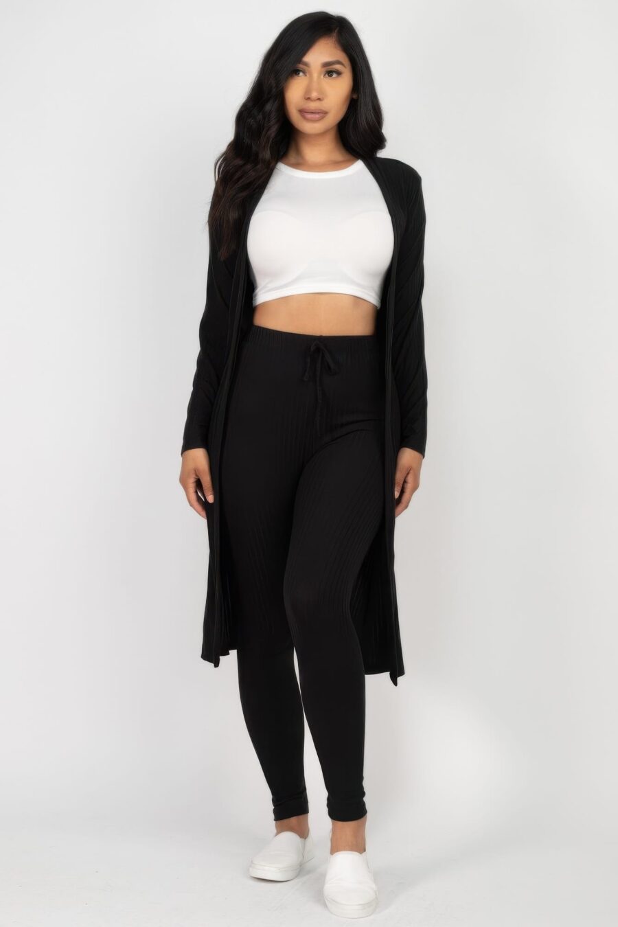 Ribbed long cardigan & leggings set