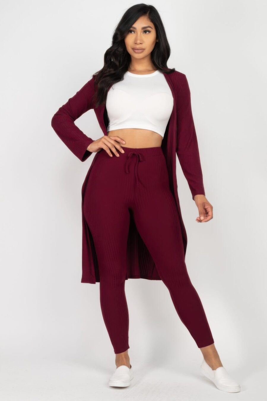 Ribbed long cardigan & leggings set