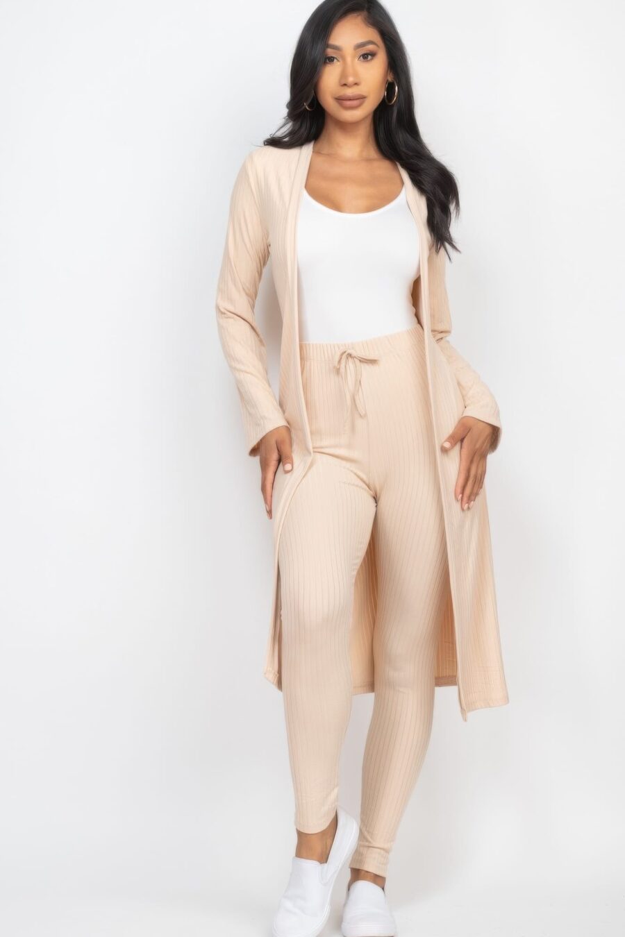 Ribbed long cardigan & leggings set