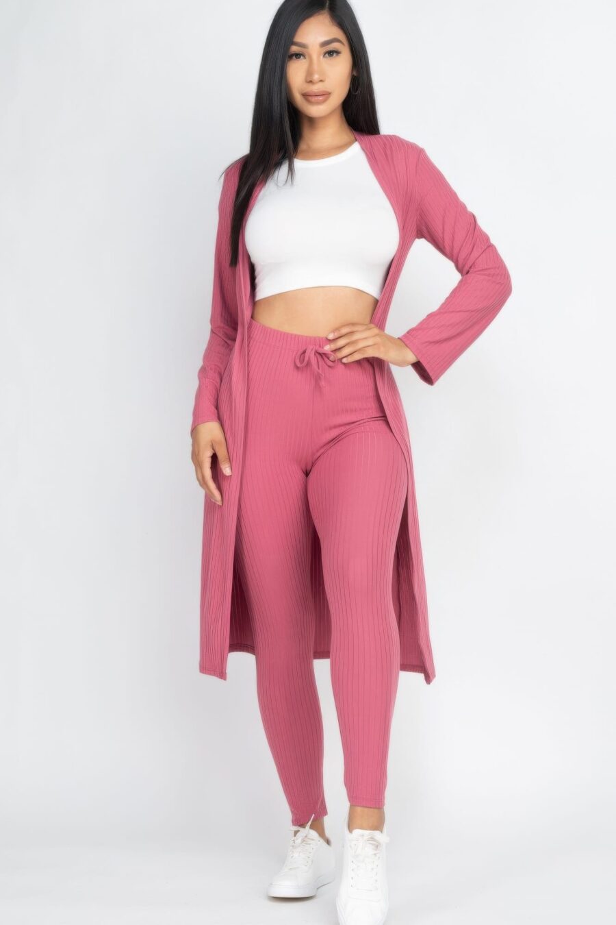 Ribbed long cardigan & leggings set