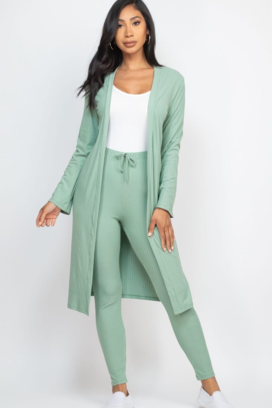 Ribbed long cardigan & leggings set