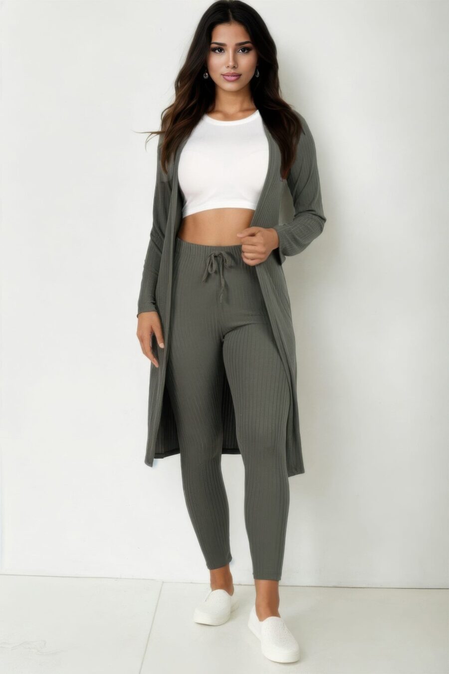 Ribbed long cardigan & leggings set