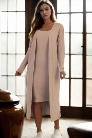 Ribbed Cardigan Bodycon Dress Set Ribbed Cardigan & Cami Midi Bodycon Dress