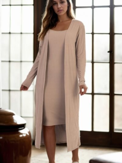 Ribbed Cardigan Bodycon Dress Set Ribbed Cardigan & Cami Midi Bodycon Dress