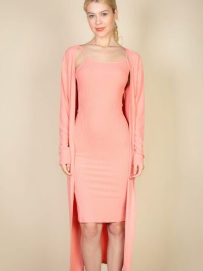 Ribbed Cardigan Bodycon Dress Set Ribbed Cardigan & Cami Midi Bodycon Dress