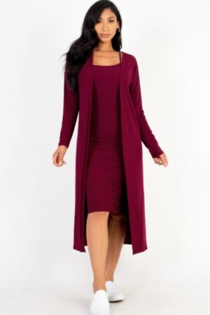 Ribbed Cardigan Bodycon Dress Set Ribbed Cardigan & Cami Midi Bodycon Dress