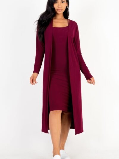 Ribbed Cardigan Bodycon Dress Set Ribbed Cardigan & Cami Midi Bodycon Dress