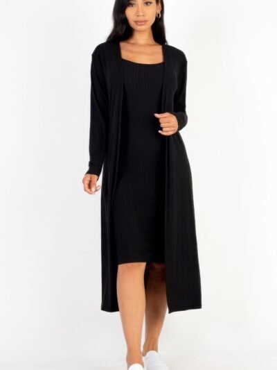 Ribbed Cardigan Bodycon Dress Set Ribbed Cardigan & Cami Midi Bodycon Dress