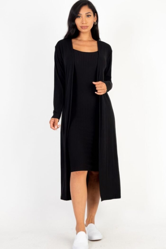 Ribbed cardigan & cami midi bodycon dress