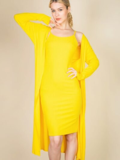 Ribbed Cardigan Bodycon Dress Set Ribbed Cardigan & Cami Midi Bodycon Dress