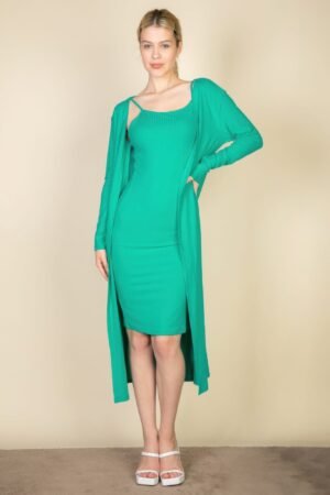 Ribbed Cardigan Bodycon Dress Set Ribbed Cardigan & Cami Midi Bodycon Dress