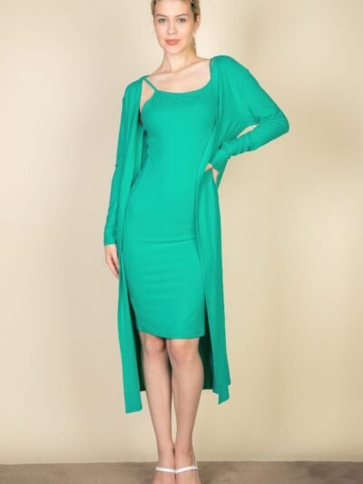 Ribbed Cardigan Bodycon Dress Set Ribbed Cardigan & Cami Midi Bodycon Dress