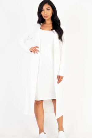 Ribbed Cardigan Bodycon Dress Set Ribbed Cardigan & Cami Midi Bodycon Dress
