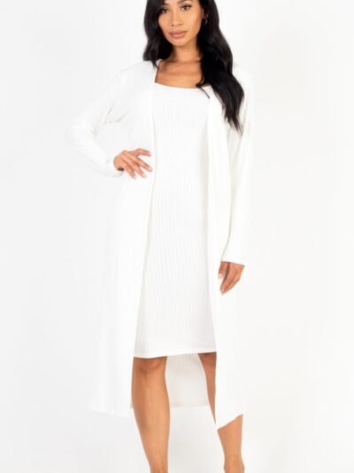 Ribbed Cardigan Bodycon Dress Set Ribbed Cardigan & Cami Midi Bodycon Dress
